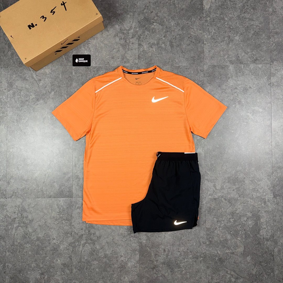 Nike Miler T-Shirt Orange Trance & Black Flex Stride Shorts Set
