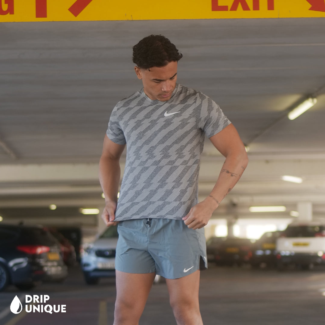 Jacquard Nike Miler T-Shirt Grey & Grey Flex Stride Shorts Set, Nike Miler T Shirt, dripuniqueuk