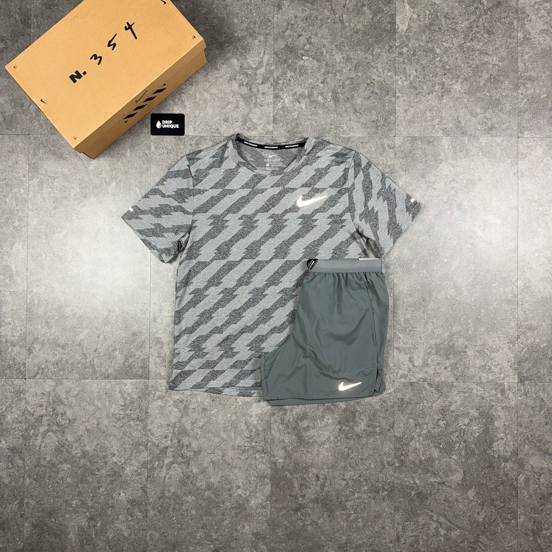 Jacquard Nike Miler T-Shirt Grey & Grey Flex Stride Shorts Set, nike miler tshirt set, dripuniqueuk