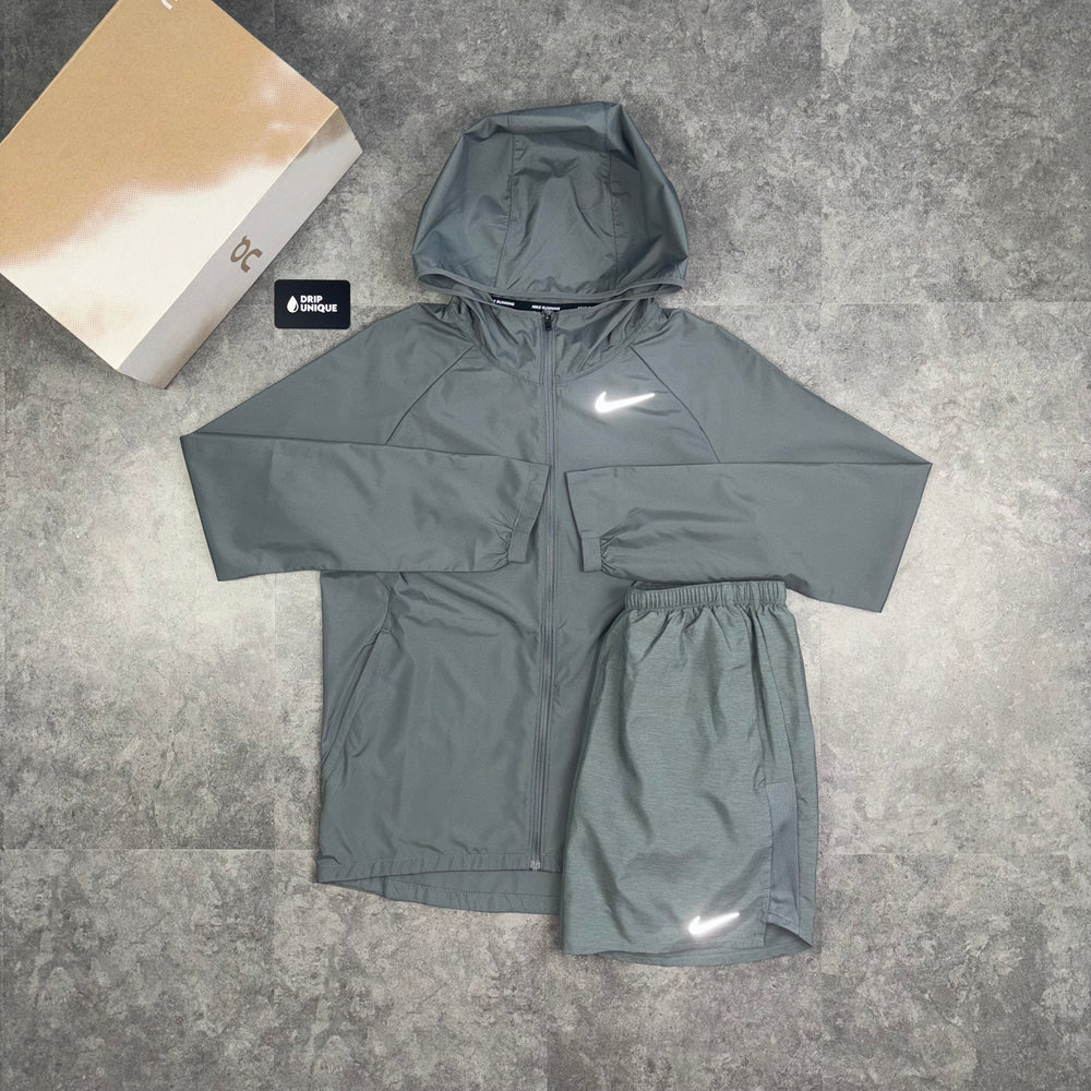 Men's Nike Essential Windrunner Jacket Grey & Grey Challenger Shorts Set, dripuniquek