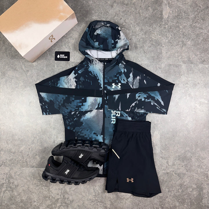 Men's Under Armour Windrunner Jacket Blue Storm & Black Launch Speed Pocket Shorts Set, dripuniquueuk