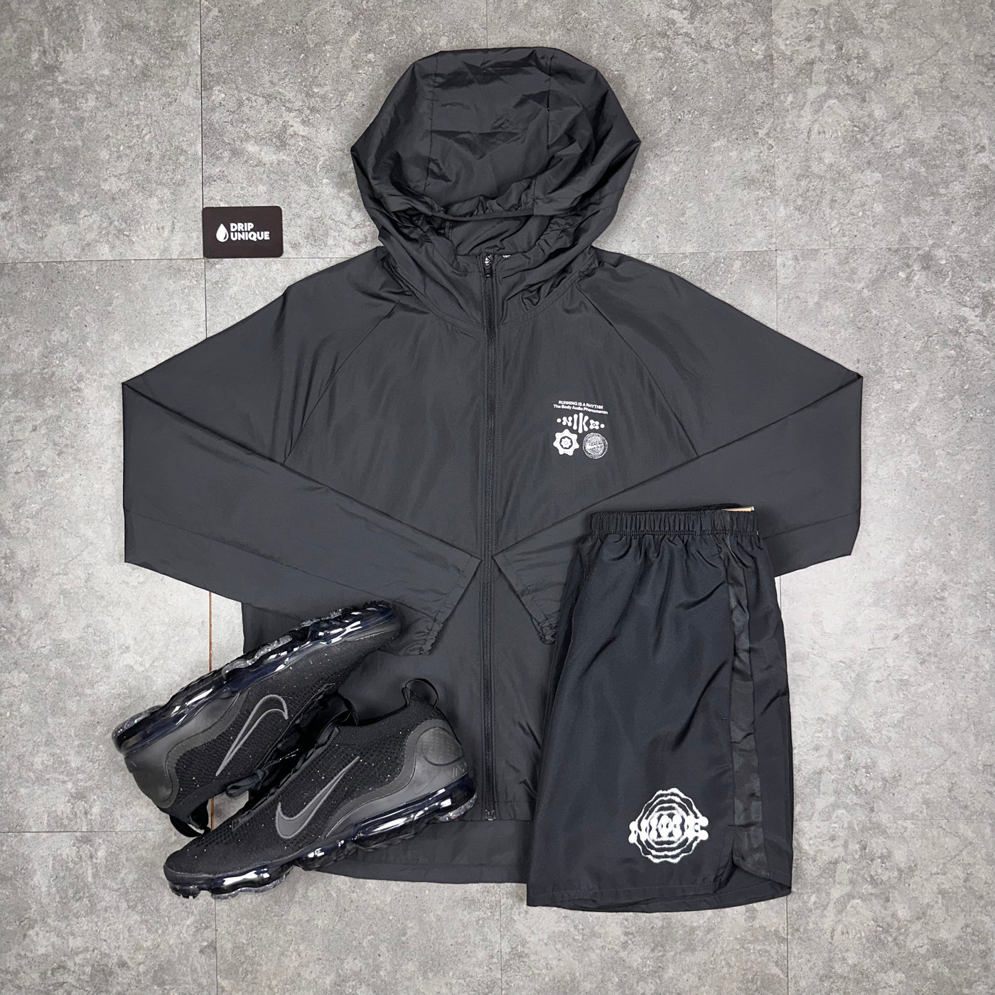 Nike Essential DNA Windrunner Jacket Black Black Dri Fit DNA Shorts dripuniqueuk