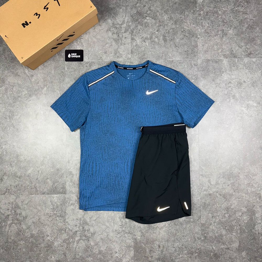 Nike DRY Jacquard Miler T-Shirt Blue & Black Flex Stride Shorts Set, Nike Miler Set, dripuniqueuk