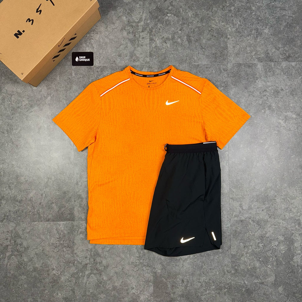 Nike DRY Jacquard Miler T-Shirt Orange & Black Flex Stride Shorts Set, Nike Sets for men, dripuniqueuk