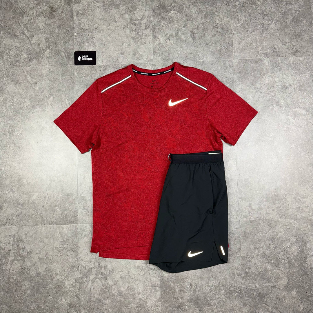 Nike DRY Jacquard Miler T-Shirt Red & Black Flex Stride Shorts Set, Nike Miler Set, dripuniqueuk