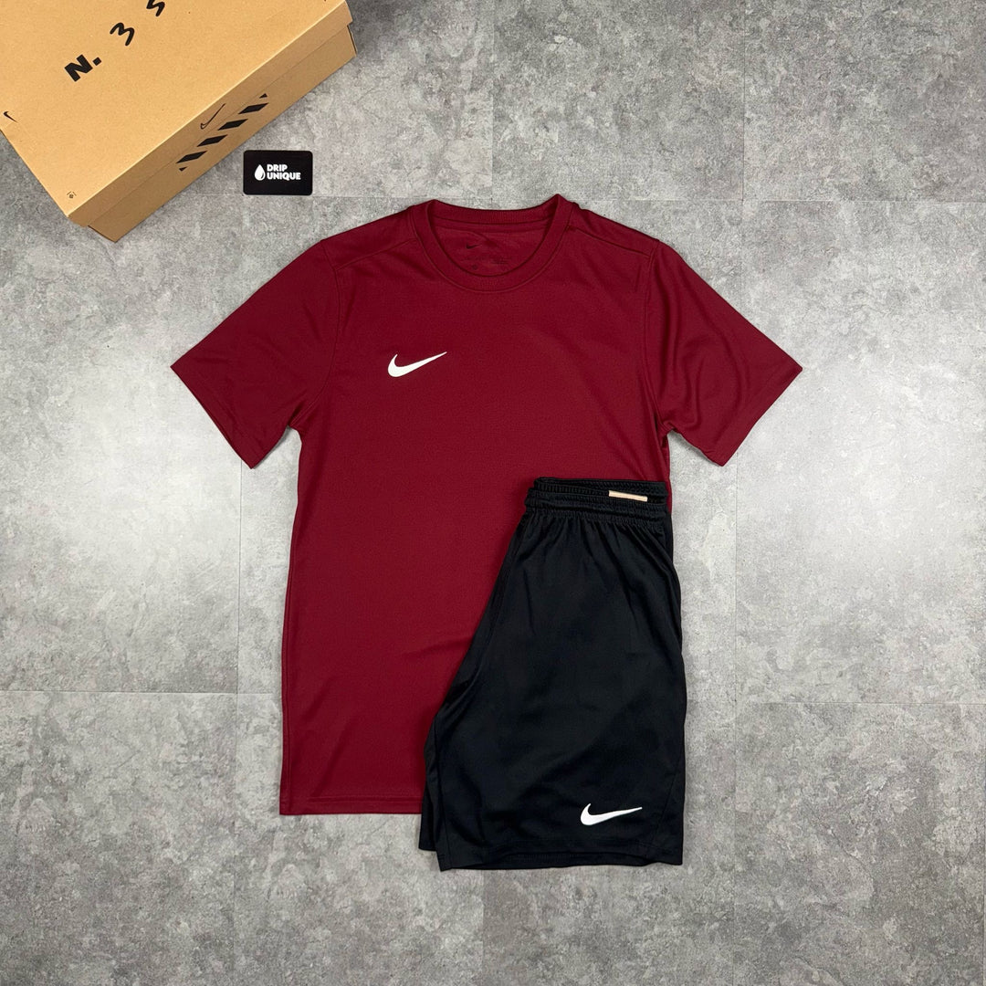 Nike Dri-Fi T-Shirt Maroon & Black Dri-Fit Shorts Set, Nike Sets, dripuniqueuk
