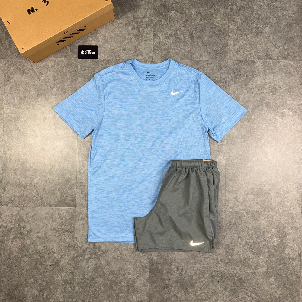 Nike Dri-Fit Breathe T-Shirt Baby Blue & Grey Challenger Shorts Set, Nike Sets for men, dripuniqueuk