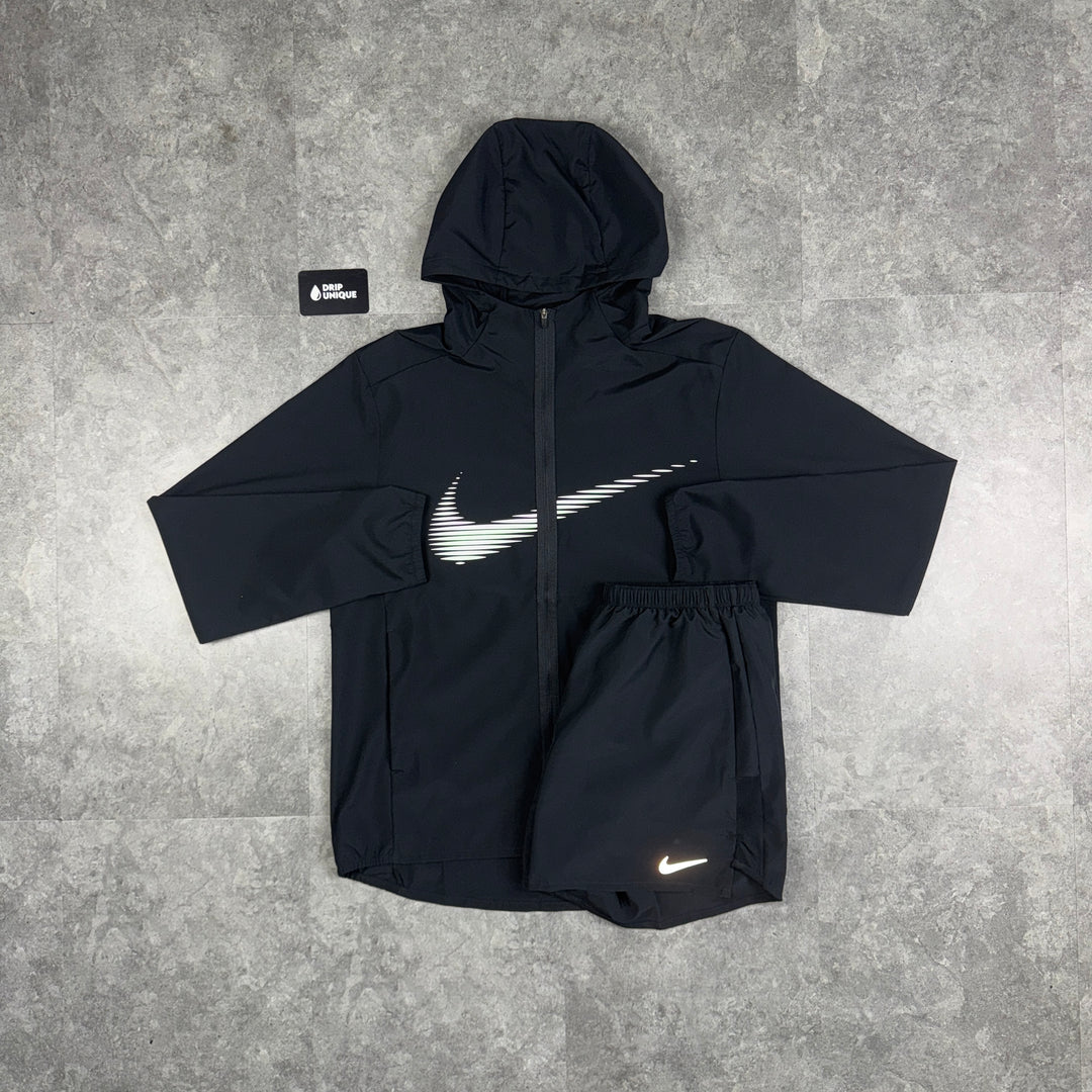 Nike Dri-Fit Form HD Swoosh Windrunner Jacket Black & Black Nike Challenger Shorts Set, Nike Sets, dripuniqueuk