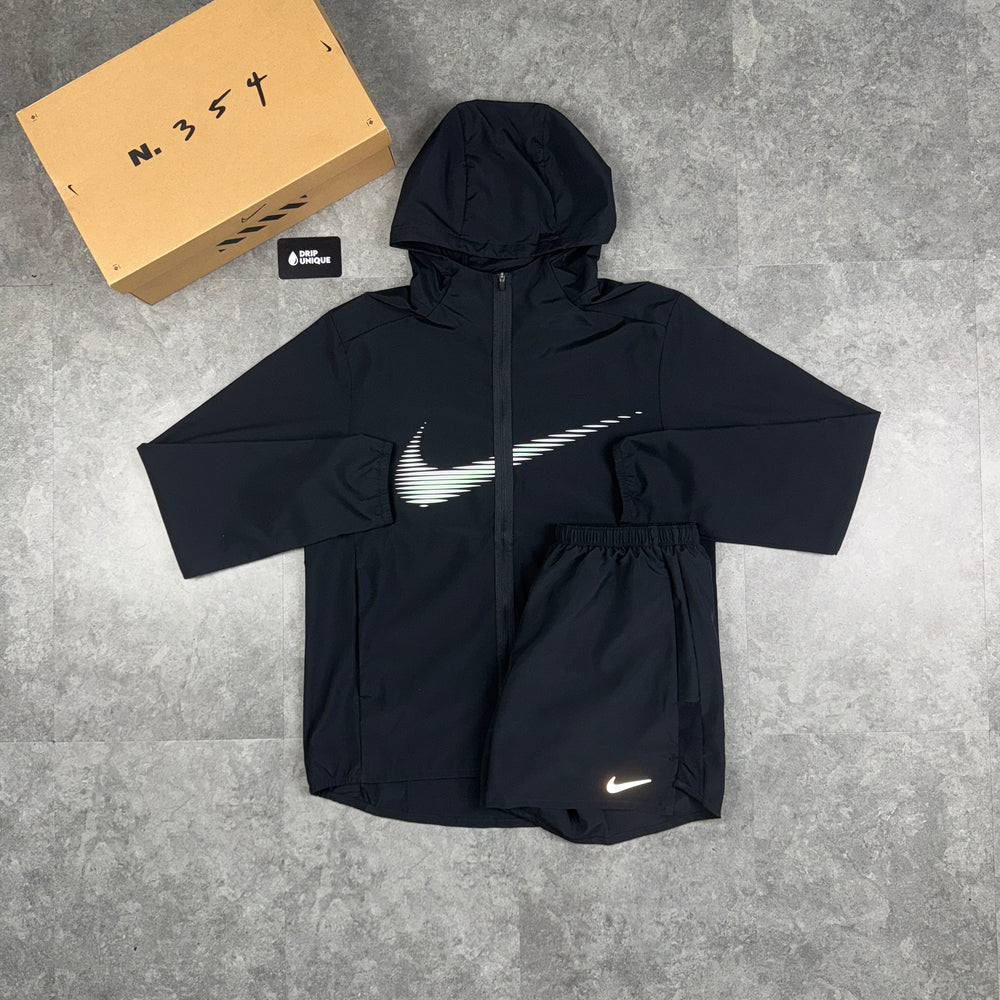 Nike Dri-Fit Form HD Swoosh Windrunner Jacket Black & Black Nike Challenger Shorts Set, Nike Windrunner Sets, dripuniqueuk