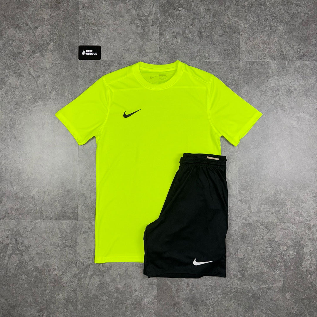 Nike Dri-Fit T-Shirt Neon Green & Black Dri-Fit Shorts Set, Nike Dri Fit Sets, dripuniqueuk