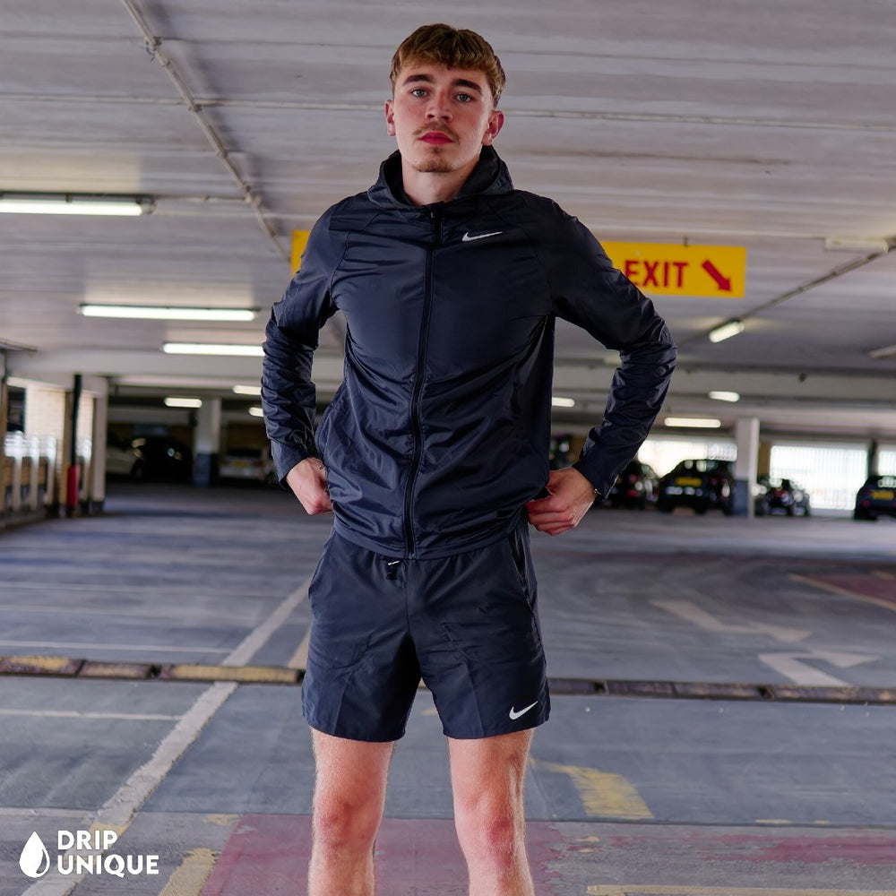 Nike Essential Windrunner Jacket Black & Flex Stride Shorts Set, Nike Sets, dripuniqueuk
