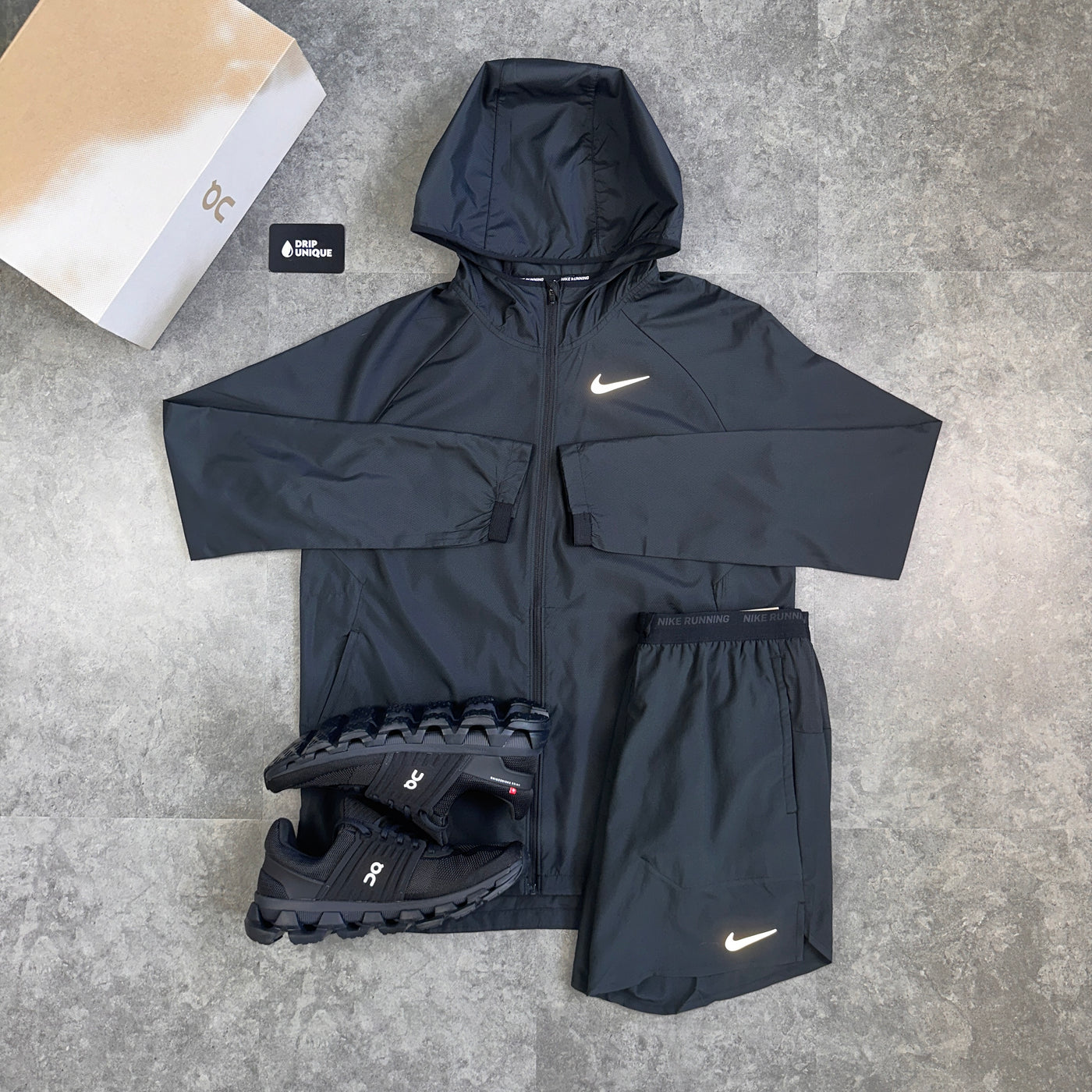 Nike Essential Windrunner Jacket Black Flex Stride Shorts Set