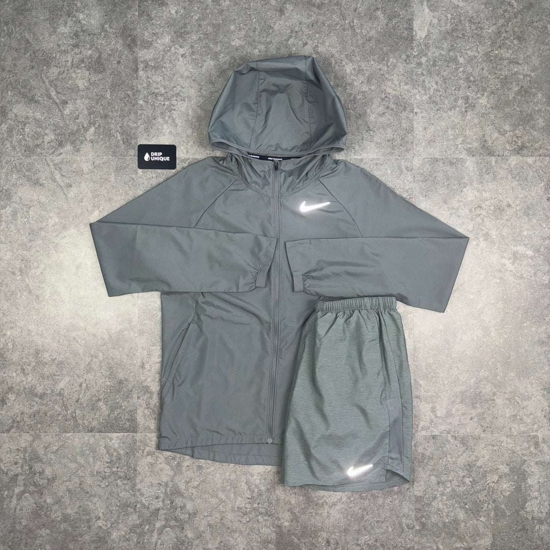 Men's Nike Essential Windrunner Jacket Grey & Grey Challenger Shorts Set, dripuniqueuk