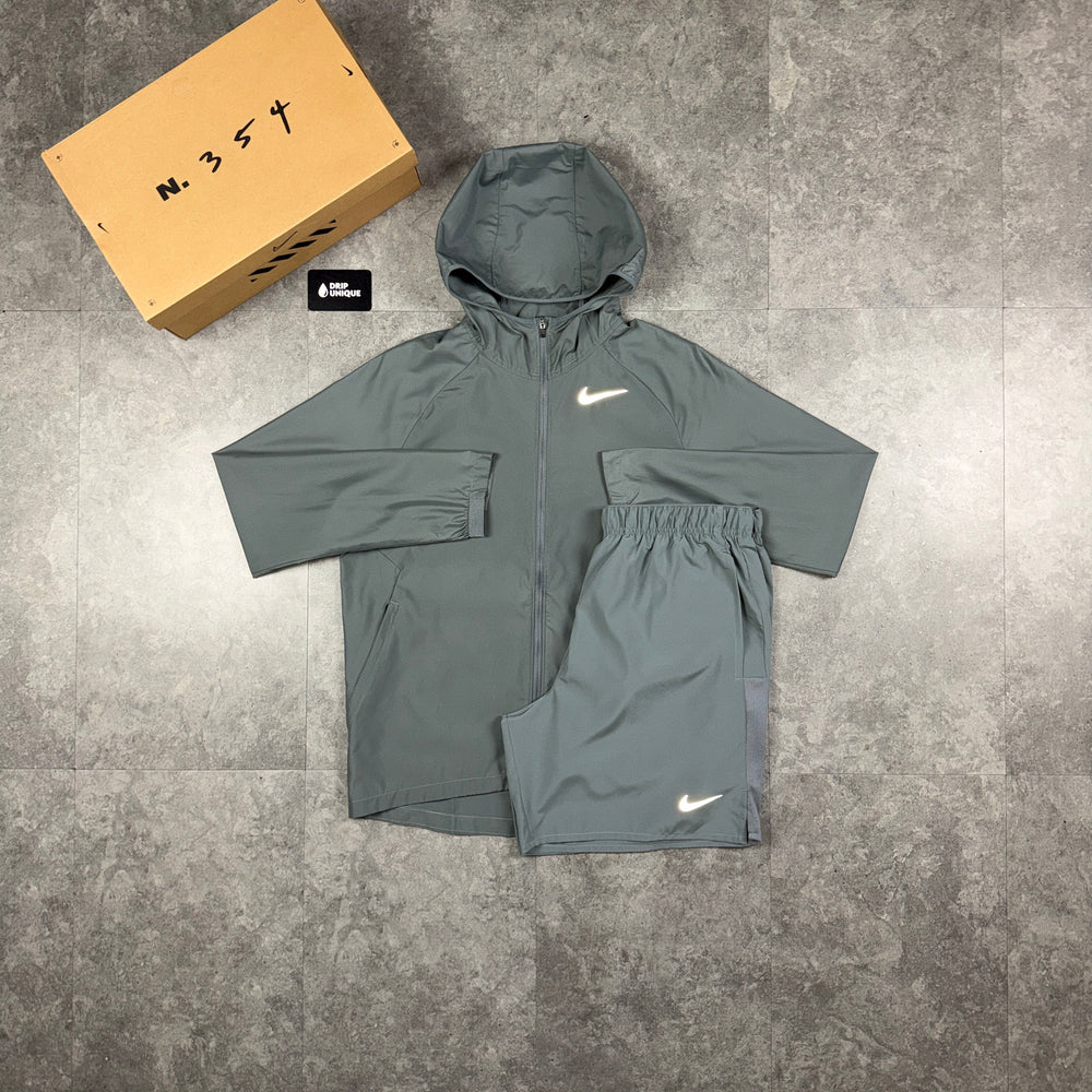 Nike Essential Windrunner Jacket Grey & Grey Challenger Shorts Set, nike windrunner set, dripuniqueuk