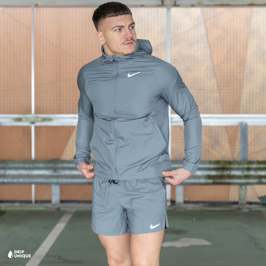 Nike Essential Windrunner Jacket Grey & Grey Flex Stride Shorts Set, nike jacket sets, dripuniqueuk