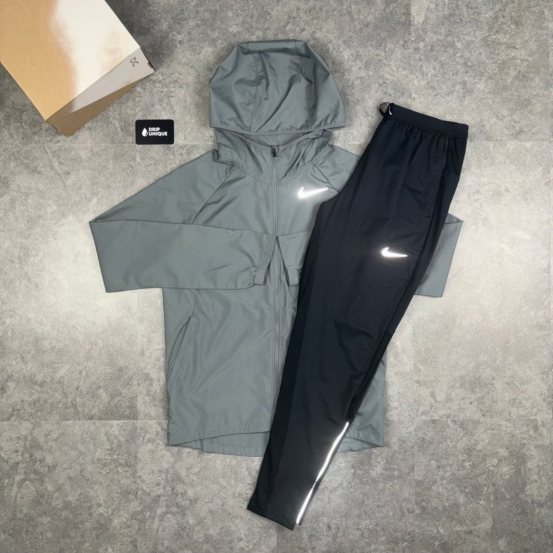 Men's Nike Essential Windrunner Jacket Grey & Black Nike Phenom Pants Set, dripuniqueuk