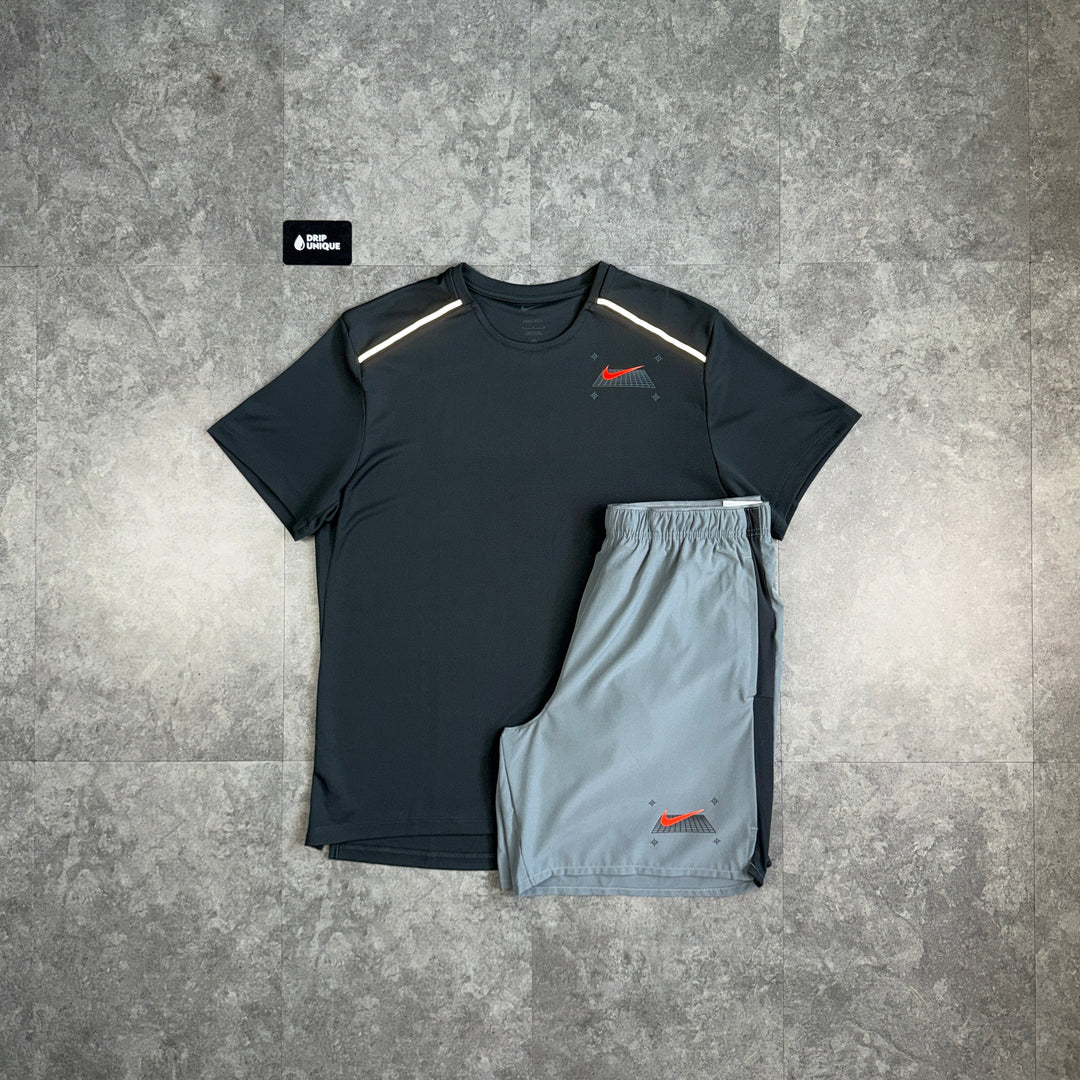 Nike Graphic Miler T-Shirt Black & Grey Graphic Challenger Shorts Set, nike set, dripuniqueuk