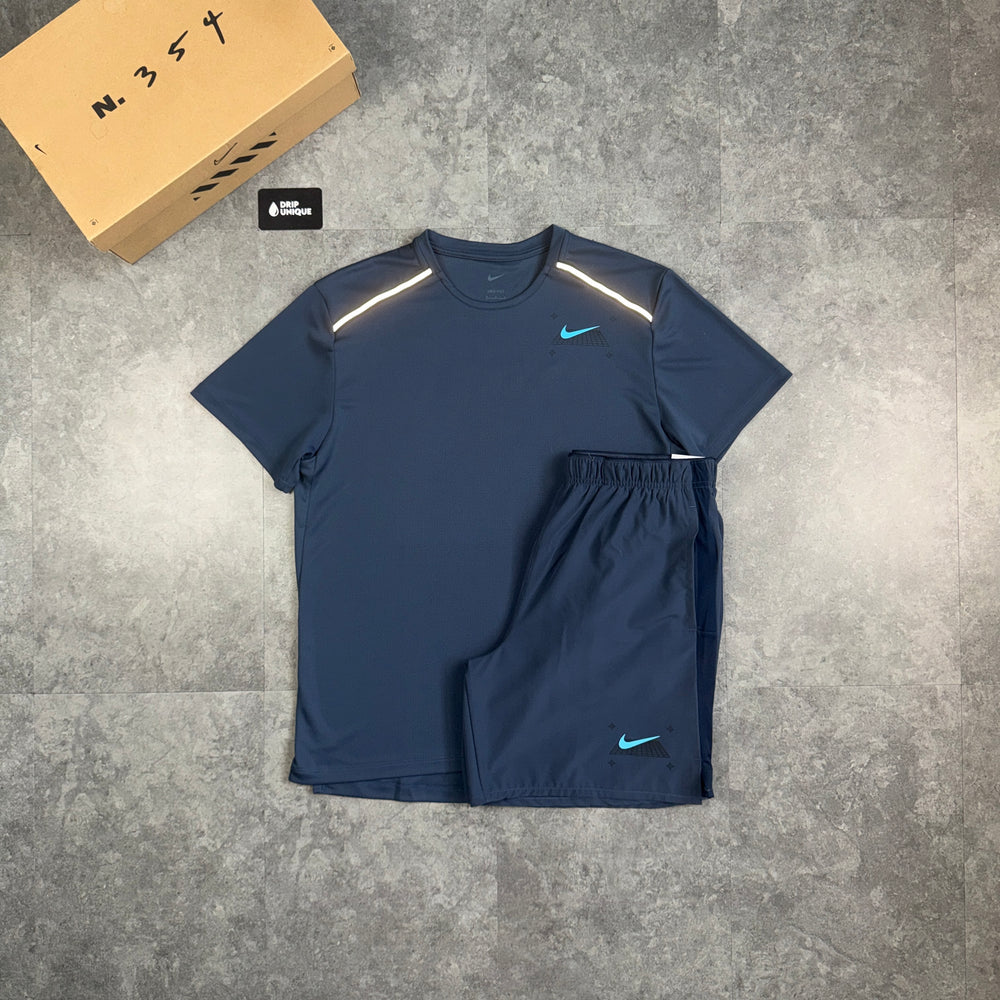 Nike Graphic Miler T-Shirt Thunder Blue & Blue Graphic Challenger Shorts Set, nike miler set, dripuniqueuk