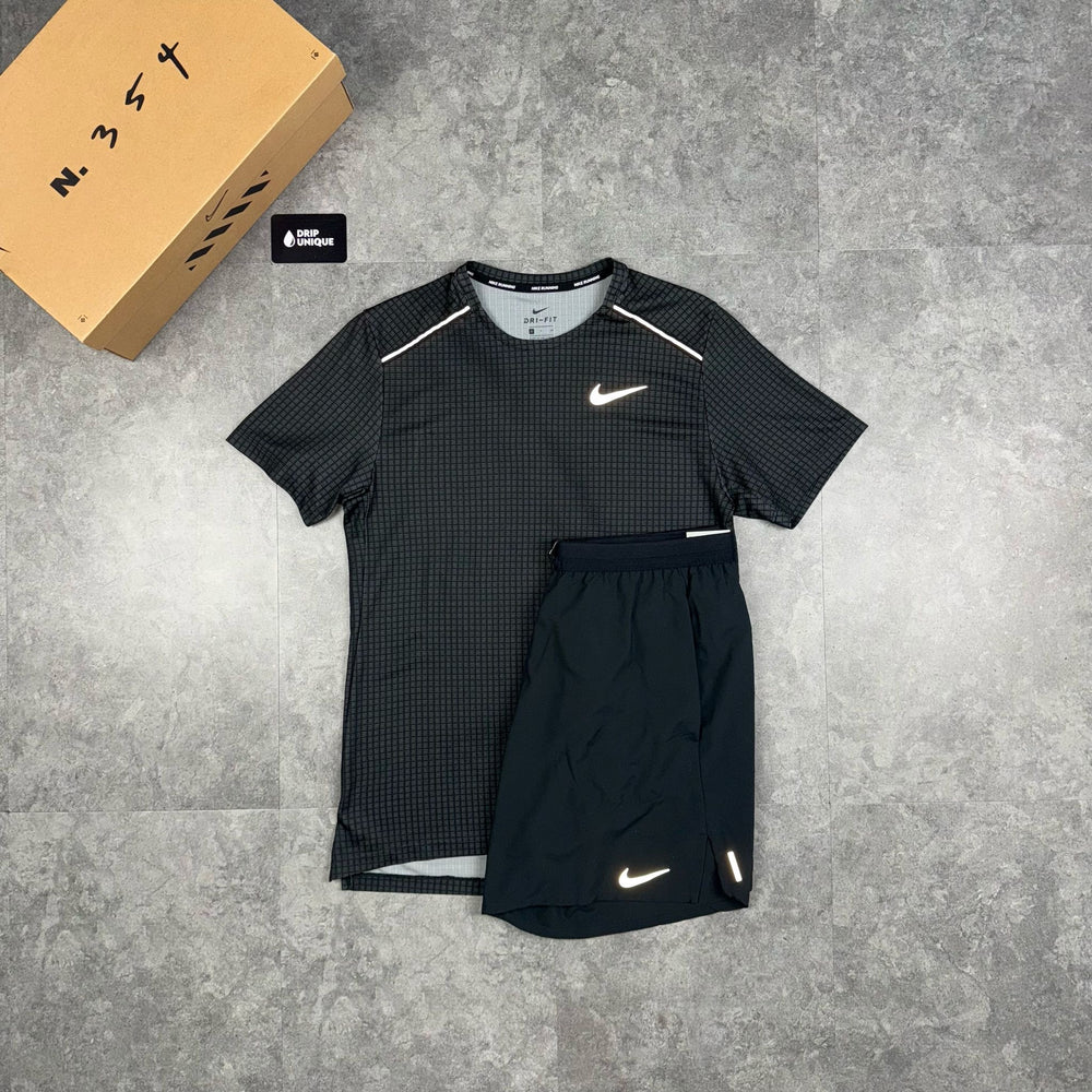 Nike Hex Miler T-Shirt Black & Black Flex Stride Shorts Set, Nike Miler Set, dripuniqueuk