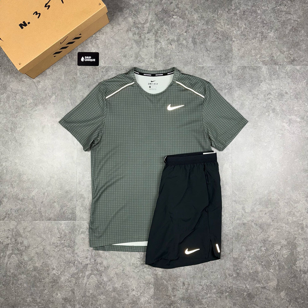 Nike Hex Miler T-Shirt Green & Black Flex Stride Shorts Set, Nike Miler Set, dripuniqueuk
