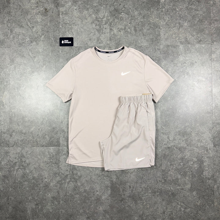 Nike Miler 3.0 T-Shirt Cream & Cream Challenger Shorts Set, nike miler set, dripuniqueuk