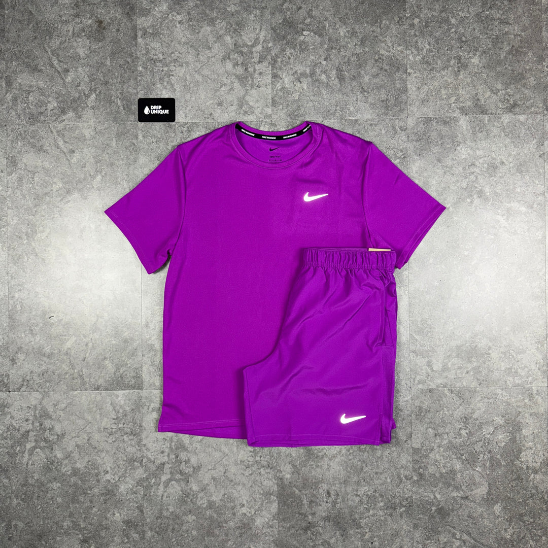 Nike Miler 3.0 T-Shirt Vivid Purple & Purple Challenger Shorts Set, dripuniqueuk