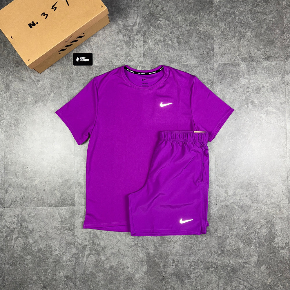 Nike Miler 3.0 T-Shirt Vivid Purple & Purple Challenger Shorts Set, dripunqiueuk