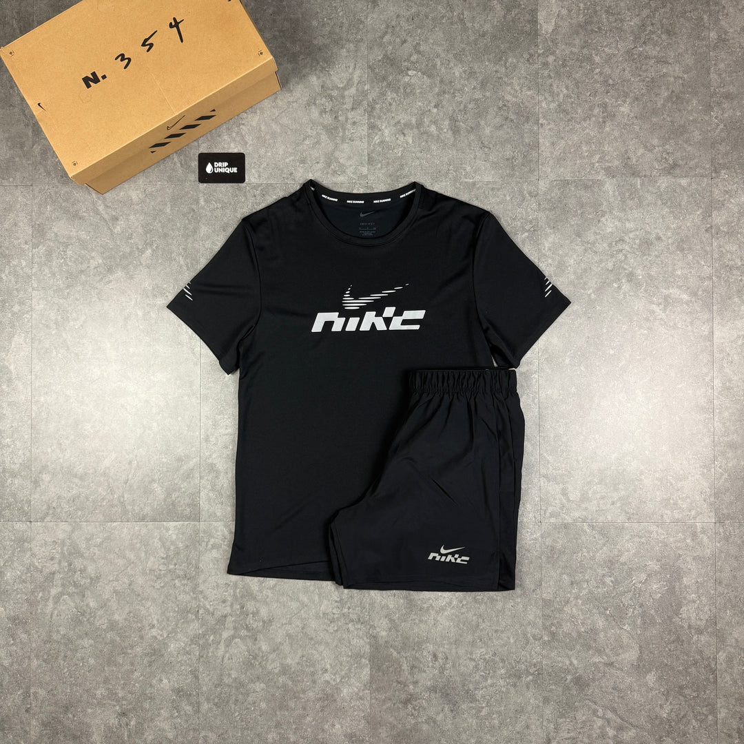 Nike Miler Flash T-Shirt Black & Black Flash Challenger Shorts Set, nike flash set, dripuniqueuk