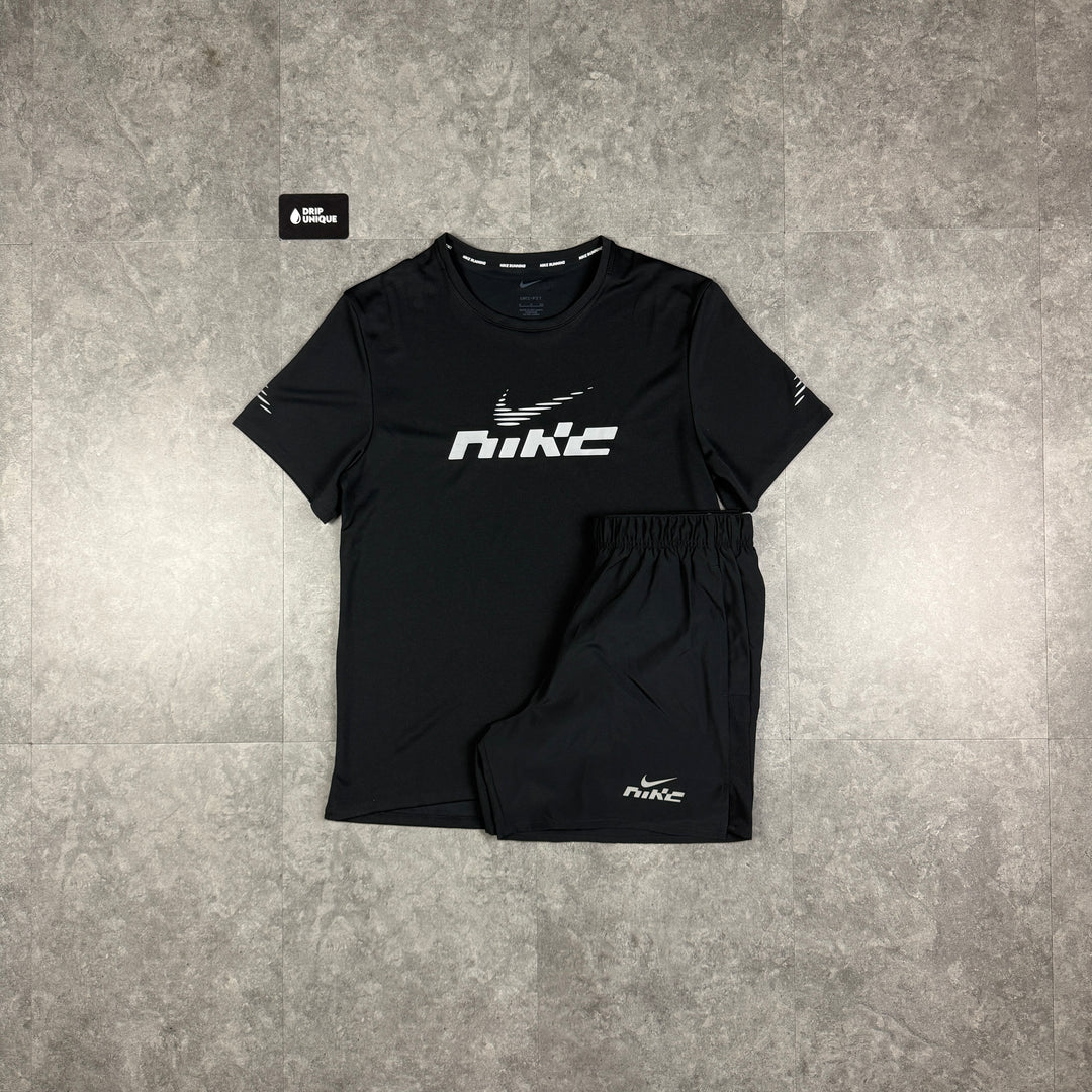 Nike Miler Flash T-Shirt Black & Black Flash Challenger Shorts Set, nike set, dripuniqueuk