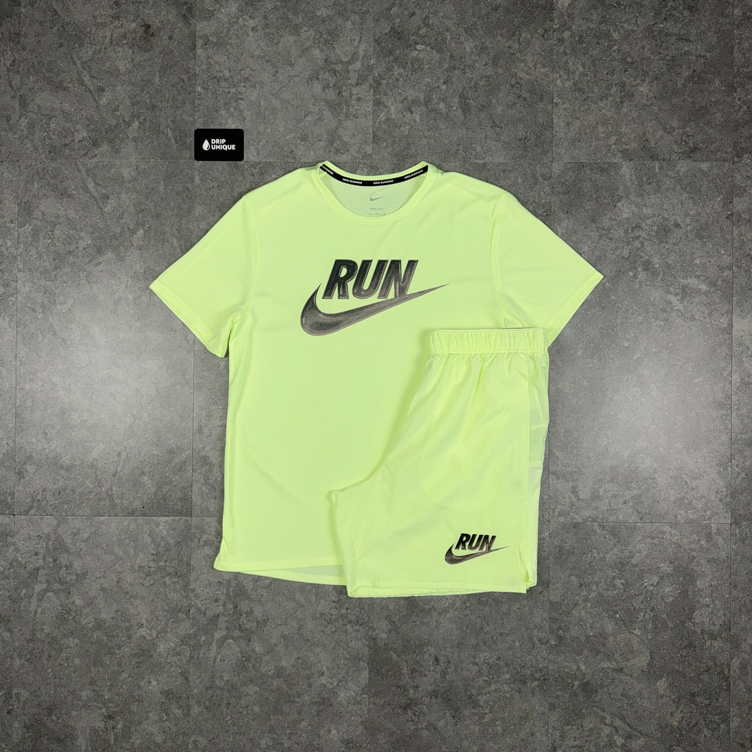 Nike Miler Run T-Shirt Barely Volt & Volt Run Challenger Shorts Set, nike set, dripuniqueuk