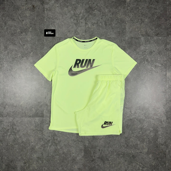 Nike Miler Run T-Shirt Barely Volt & Volt Run Challenger Shorts Set, nike set, dripuniqueuk