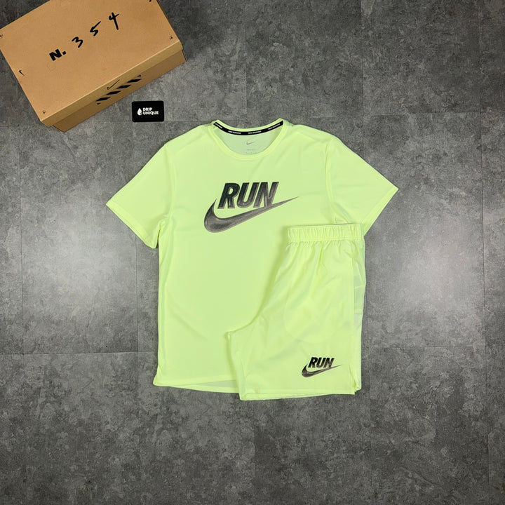 Nike Miler Run T-Shirt Barely Volt & Volt Run Challenger Shorts Set, nike tshirt set, dripuniqueuk