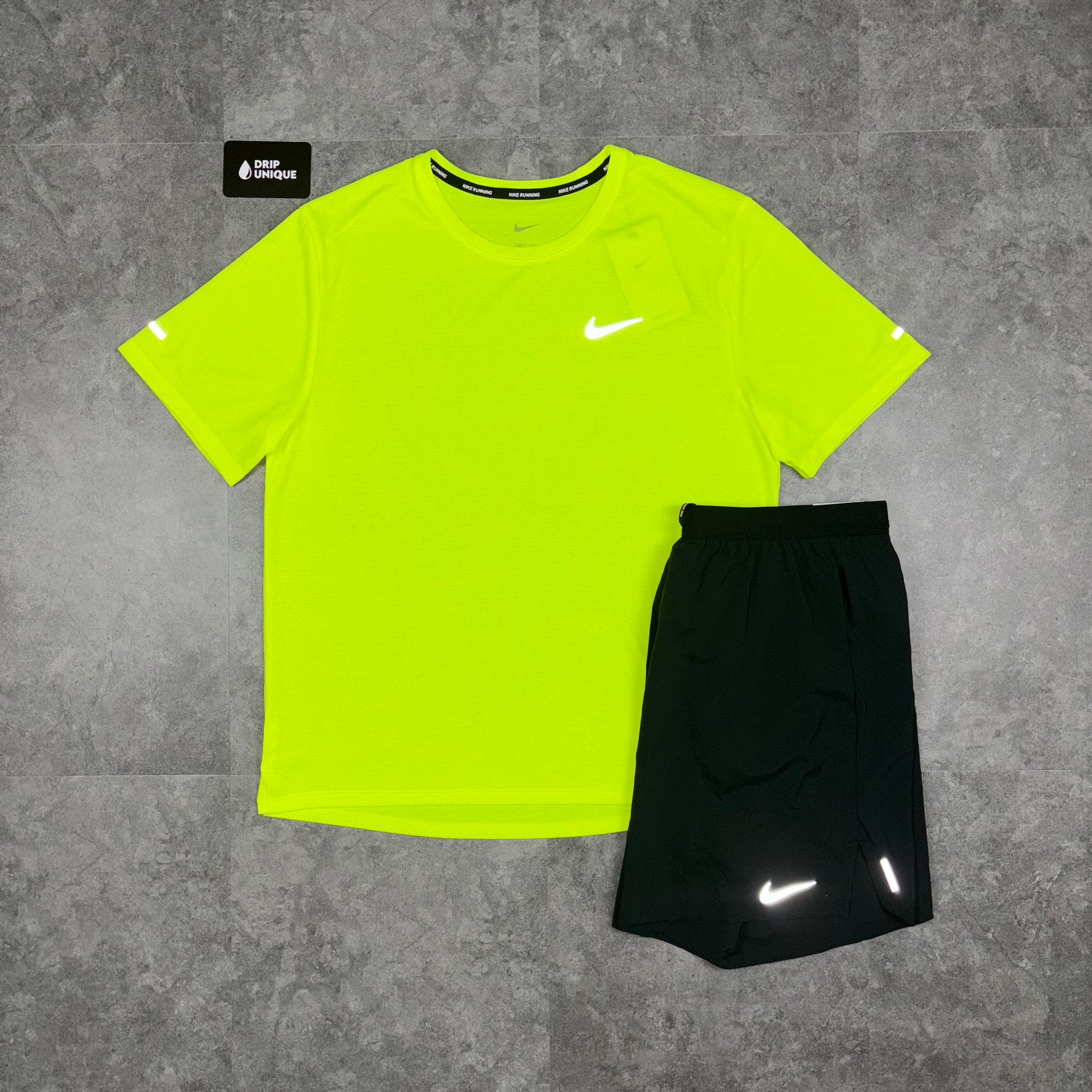 Nike Miler T Shirt 2.0 Neon Green Black Flex Stride Shorts Set dripuniqueuk