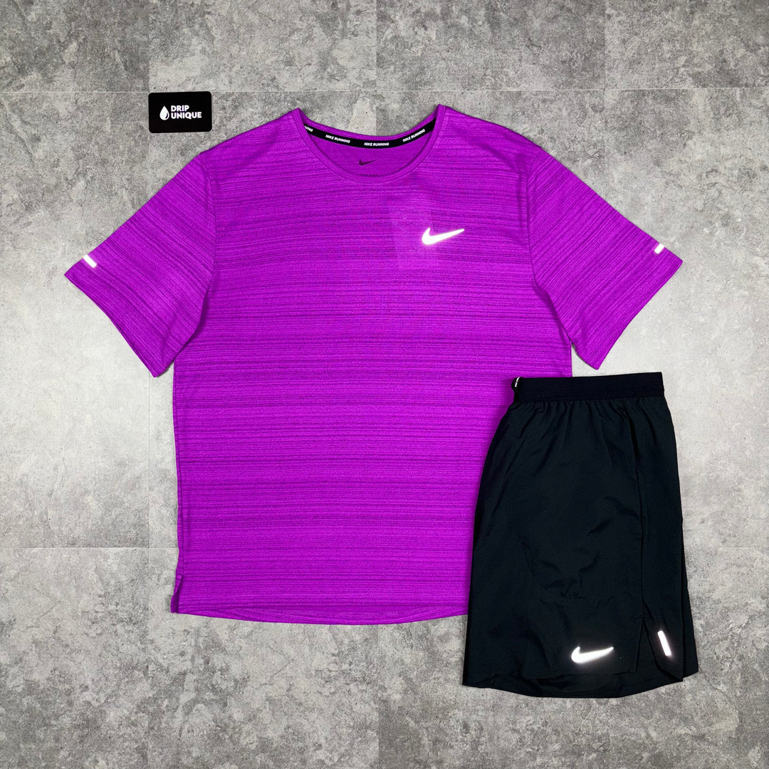 Nike Miler T-Shirt 2.0 Purple & Black Flex Stride Shorts Set, Nike Sets, dripuniqueuk