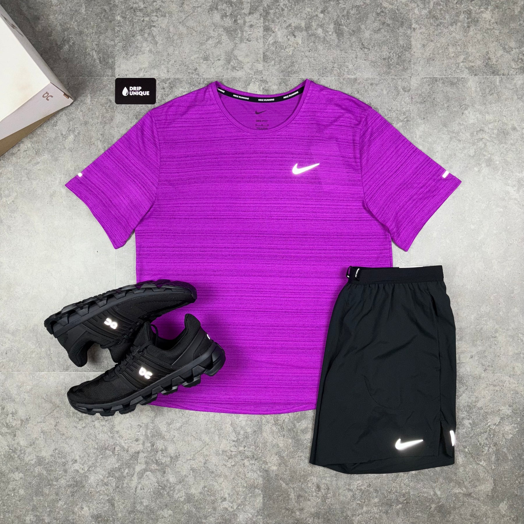 Nike Miler T Shirt 2.0 Purple Black Flex Stride Shorts Set dripuniqueuk