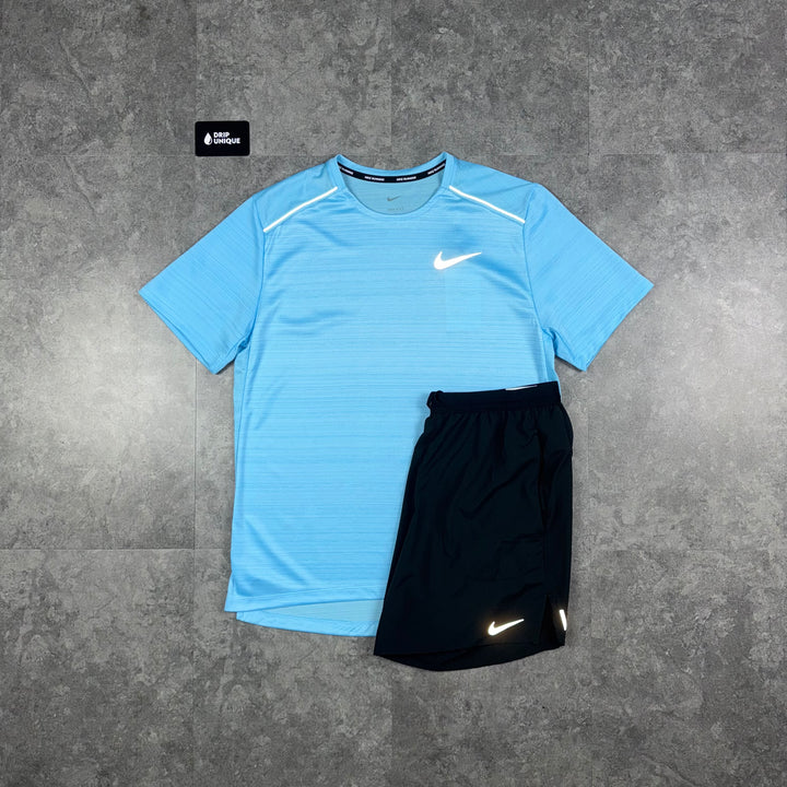 Nike Miler T-Shirt Aquarius Blue & Black Flex Stride Shorts Set, Nike Miler Set, dripuniqueuk