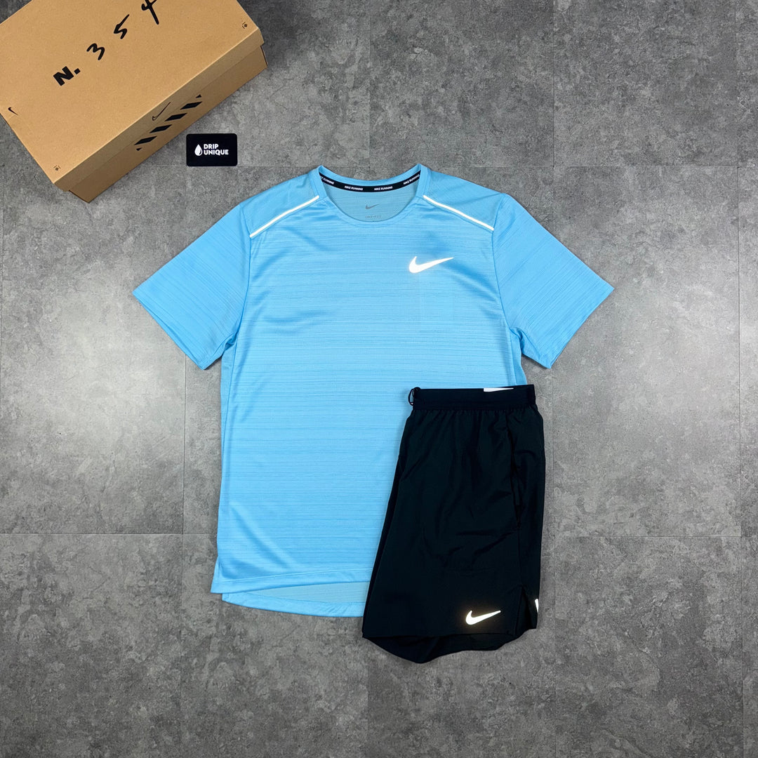 Nike Miler T-Shirt Aquarius Blue & Black Flex Stride Shorts Set, Nike Sets, dripuniqueuk