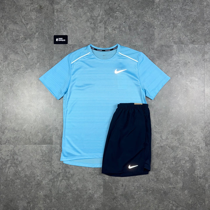 Nike Miler T-Shirt Aquarius Blue & Navy Blue Challenger Shorts Set, Nike Miler Set, dripuniqueuk