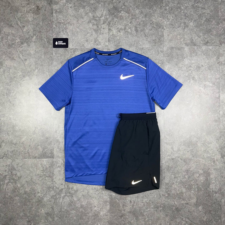 Nike Miler T-Shirt Astronomy Blue & Black Flex Stride Shorts Set, Nike Miler Set, dripuniqueuk