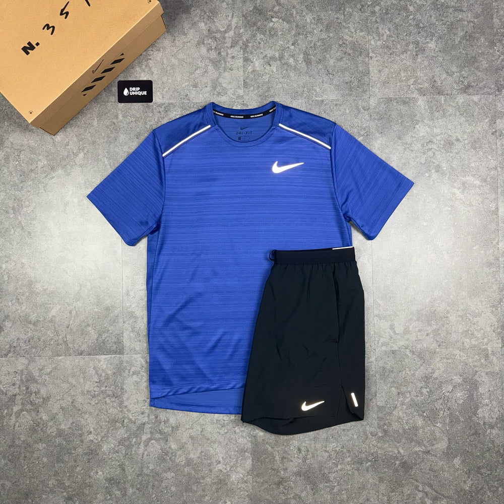 Nike Miler T-Shirt Astronomy Blue & Black Flex Stride Shorts Set, Nike Sets, dripuniqueuk