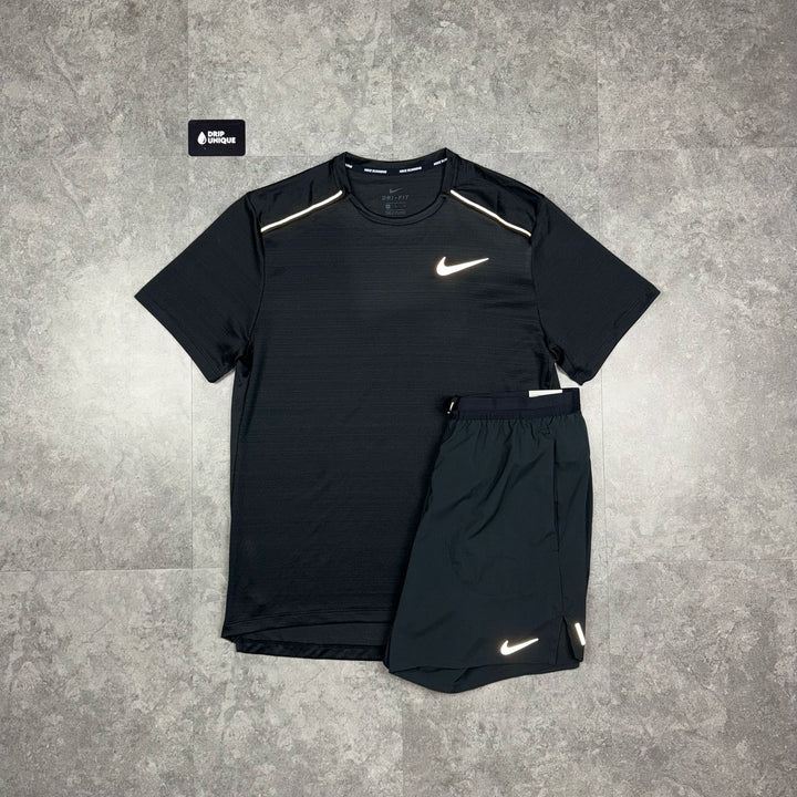 Nike Miler T-Shirt Black & Black Flex Stride Shorts Set, Nike Miler Sets, dripuniqueuk