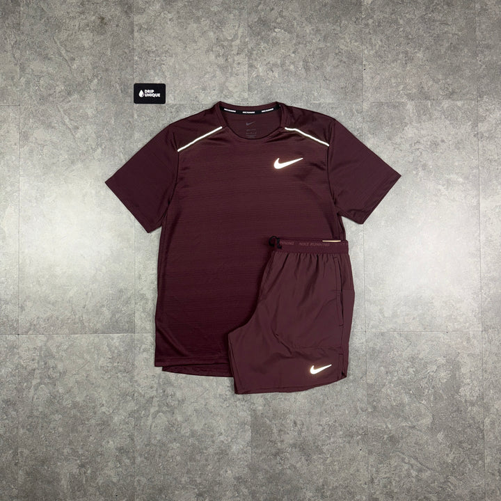 Nike Miler T-Shirt Burgundy Crush & Burgandy Flex Stride Shorts Set, nike sets, dripuniqueuk