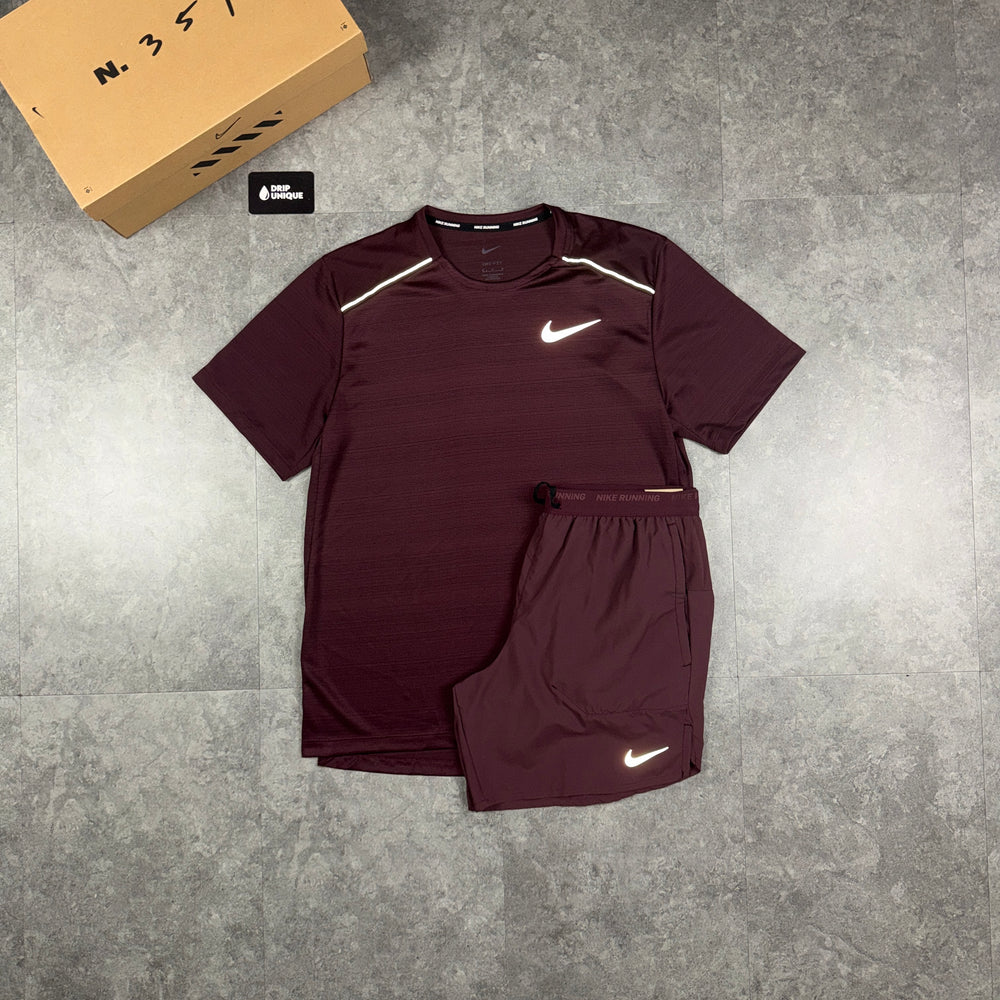 Nike Miler T-Shirt Burgundy Crush & Burgandy Flex Stride Shorts Set, nike miler sets, dripuniqueuk