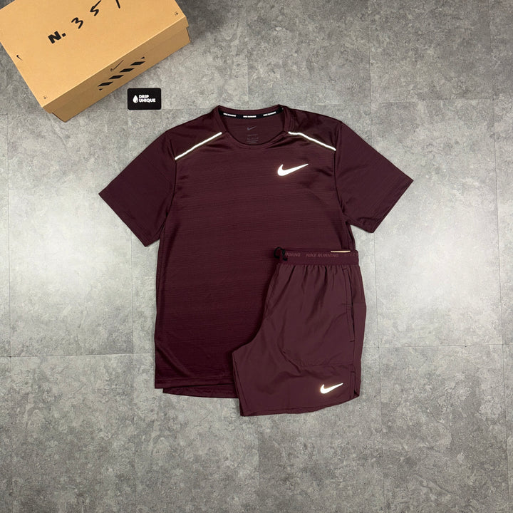 Nike Miler T-Shirt Burgundy Crush & Burgandy Flex Stride Shorts Set, nike miler sets, dripuniqueuk