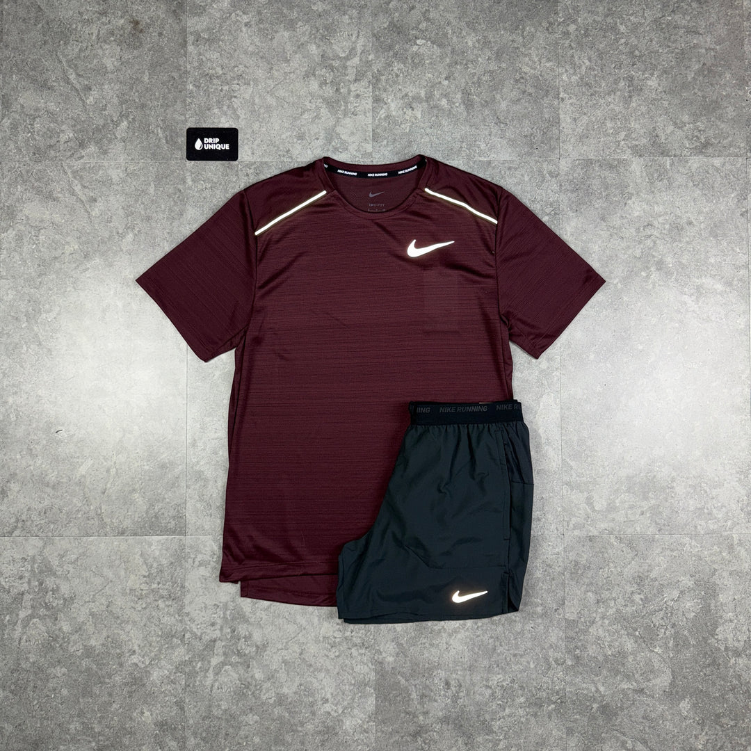 Nike Miler T-Shirt Burgundy Crush & Black Flex Stride Shorts Set, dripuniqueuk