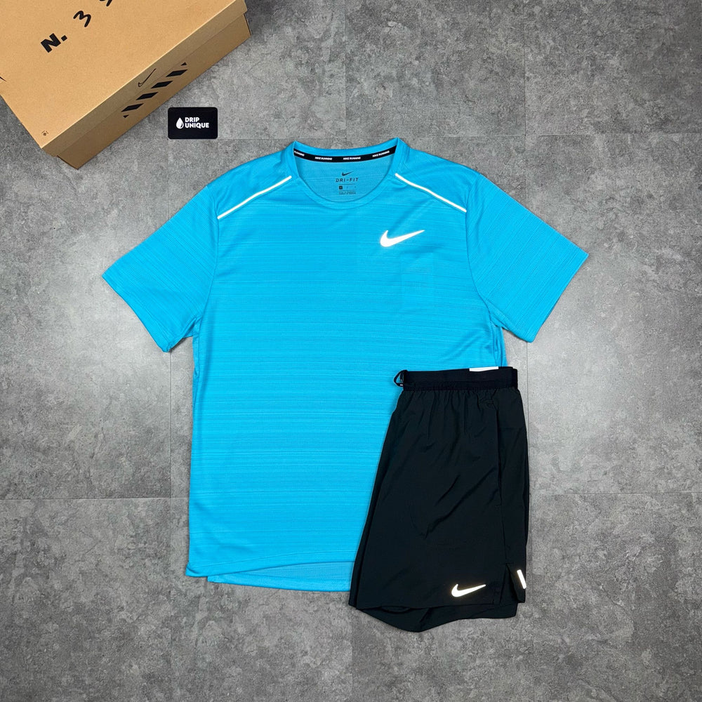 Nike Miler T-Shirt Chlorine Blue & Black Flex Stride Shorts Set, Nike Miler Sets, dripuniqueuk