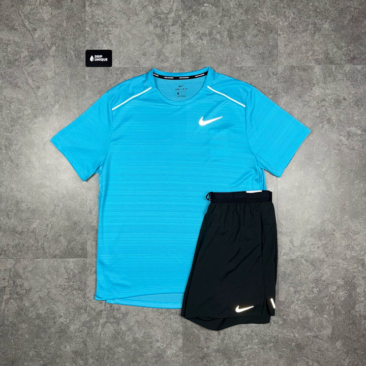 Nike Miler T-Shirt Chlorine Blue & Black Flex Stride Shorts Set, Nike Sets, dripuniqueuk