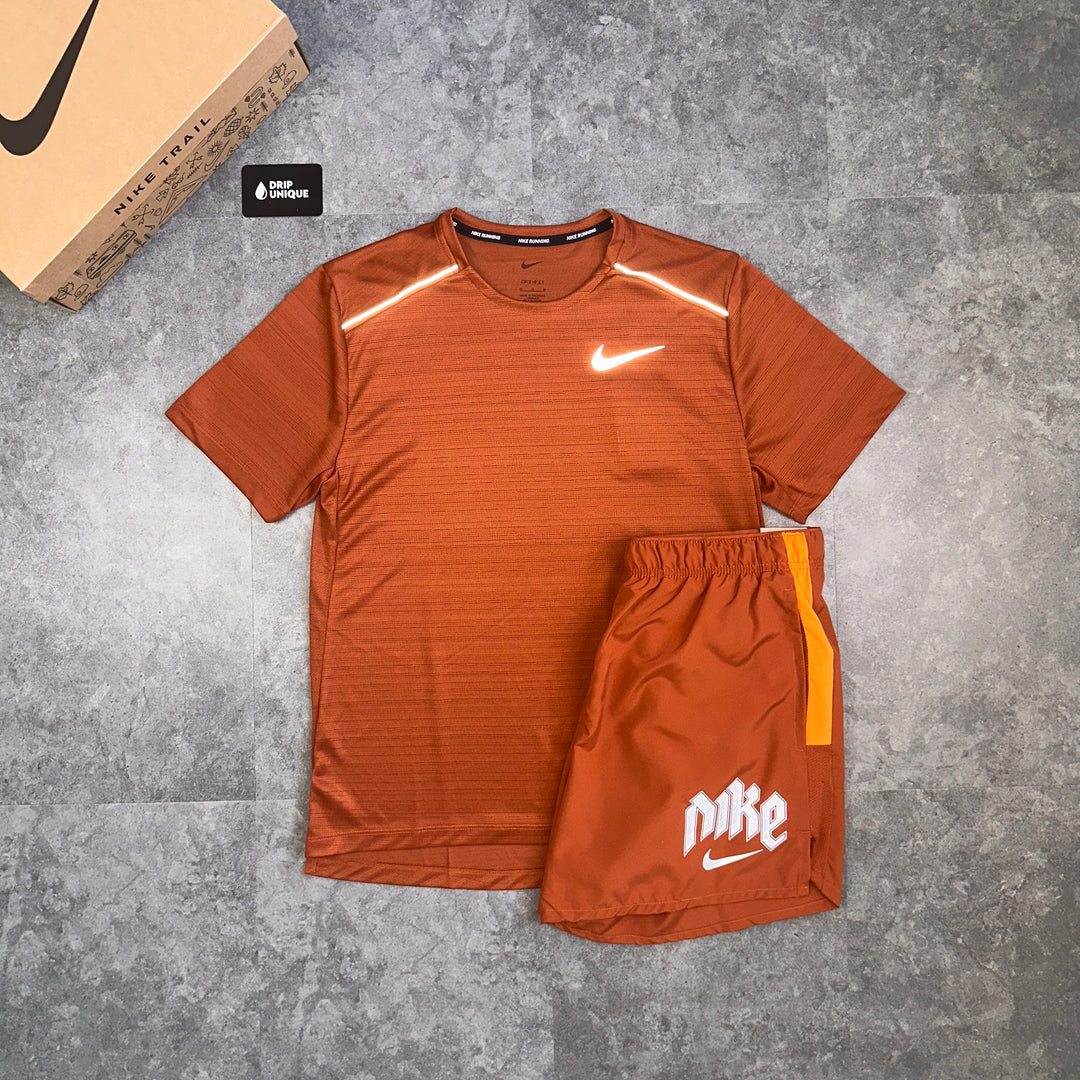 Nike Miler T-Shirt Dark Russet & Dark Russet Challenger Shorts Set, Nike Miler Set, dripuniqueuk