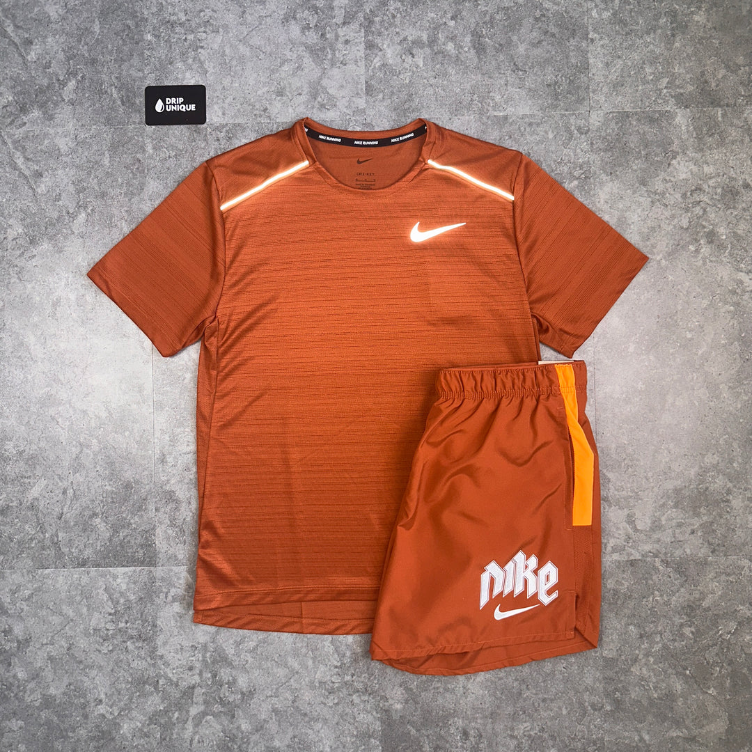 Nike Miler T Shirt Dark Russet Dark Russet Challenger Shorts Set dripuniqueuk