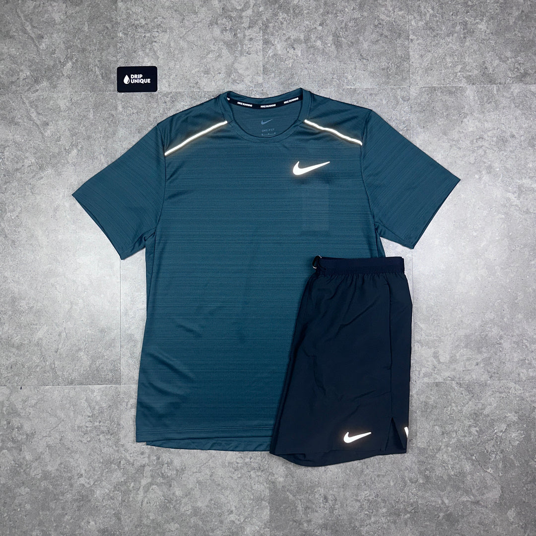 Nike Miler T-Shirt Deep Jungle & Black Flex Stride Shorts Set, Nike Sets, dripuniqueuk